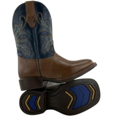 Bota Texana Infantil Classic Bico Quadrado Com Zíper Couro HTI Boise Azul Com Bordado - REF:2909