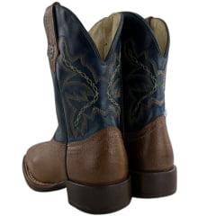Bota Texana Infantil Classic Bico Quadrado Com Zíper Couro HTI Boise Azul Com Bordado - REF:2909