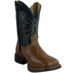 Bota Texana Infantil Classic Bico Quadrado Com Zíper Couro HTI Boise Azul Com Bordado - REF:2909