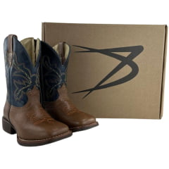 Bota Texana Infantil Classic Bico Quadrado Com Zíper Couro HTI Boise Azul Com Bordado - REF:2909