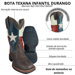 Bota Texana Infantil Durango Bico Quadrado Couro Marrom K2100 Med Dog Cano Estrela Ref:12K21002184 G2P