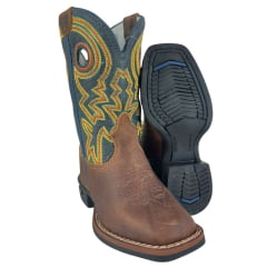 Bota Texana Infantil Durango Bico Quadrado Couro Marrom Kids Azul Marinho Com Bordado Laranja Verde Ref:12K153G2P