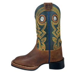 Bota Texana Infantil Durango Bico Quadrado Couro Marrom Kids Azul Marinho Com Bordado Laranja Verde Ref:12K153G2P