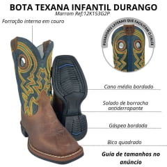 Bota Texana Infantil Durango Bico Quadrado Couro Marrom Kids Azul Marinho Com Bordado Laranja Verde Ref:12K153G2P