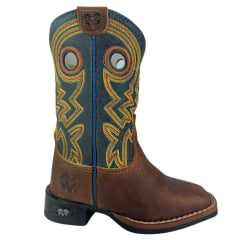 Bota Texana Infantil Durango Bico Quadrado Couro Marrom Kids Azul Marinho Com Bordado Laranja Verde Ref:12K153G2P