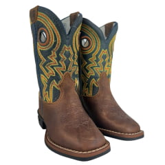 Bota Texana Infantil Durango Bico Quadrado Couro Marrom Kids Azul Marinho Com Bordado Laranja Verde Ref:12K153G2P