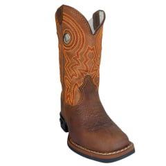 Bota Texana Infantil Durango Bico Quadrado Couro Marrom Kids Cano Terra Com Bordado Laranja E Vermelho Ref:12K141G2P