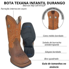 Bota Texana Infantil Durango Bico Quadrado Couro Marrom Kids Cano Terra Com Bordado Laranja E Vermelho Ref:12K141G2P