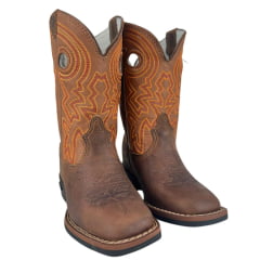 Bota Texana Infantil Durango Bico Quadrado Couro Marrom Kids Cano Terra Com Bordado Laranja E Vermelho Ref:12K141G2P