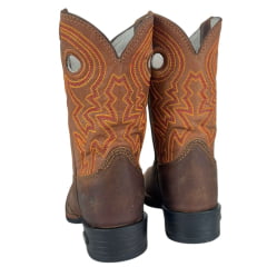 Bota Texana Infantil Durango Bico Quadrado Couro Marrom Kids Cano Terra Com Bordado Laranja E Vermelho Ref:12K141G2P