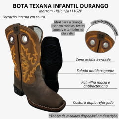 Bota Texana Infantil Durango Kids Couro Med Dog/Bronze Cano Bordado Laranja Bico Quadrado Gel Preto REF: 12K111G2P