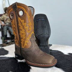 Bota Texana Infantil Durango Kids Couro Med Dog/Bronze Cano Bordado Laranja Bico Quadrado Gel Preto REF: 12K111G2P