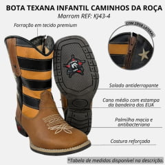 Bota Texana Infantil Juvenil Caminhos Da Roça Bico Quadrado Couro Caramelo/Café Cano Bordado Estrelas REF: KJ43-4