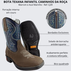 Bota Texana Infantil Juvenil Caminhos Da Roça Bico Quadrado Zíper Nobuck Rato e Marinho Ref: CJ39