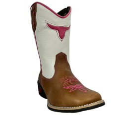 Bota Texana Infantil/Juvenil Caminhos da Roça Bico Quadrado Couro Caramelo/Branco Com Bordado Rosa e Com Zíper Ref.KJ37