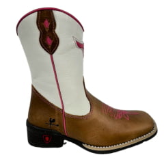 Bota Texana Infantil/Juvenil Caminhos da Roça Bico Quadrado Couro Caramelo/Branco Com Bordado Rosa e Com Zíper Ref.KJ37