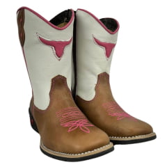 Bota Texana Infantil/Juvenil Caminhos da Roça Bico Quadrado Couro Caramelo/Branco Com Bordado Rosa e Com Zíper Ref.KJ37