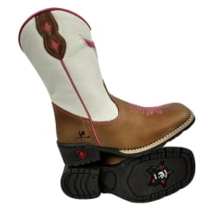 Bota Texana Infantil/Juvenil Caminhos da Roça Bico Quadrado Couro Caramelo/Branco Com Bordado Rosa e Com Zíper Ref.KJ37