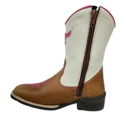 Bota Texana Infantil/Juvenil Caminhos da Roça Bico Quadrado Couro Caramelo/Branco Com Bordado Rosa e Com Zíper Ref.KJ37