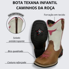 Bota Texana Infantil/Juvenil Caminhos da Roça Bico Quadrado Couro Caramelo/Branco Com Bordado Rosa e Com Zíper Ref.KJ37