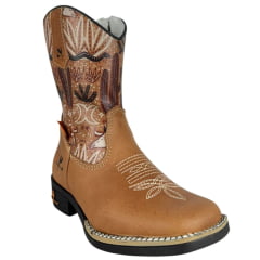 Bota Texana Infantil Juvenil Caminhos Da Roça Bico Quadrado Couro Caramelo Cano Estampado Deserto Com Zíper Ref:CJ11