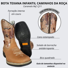 Bota Texana Infantil Juvenil Caminhos Da Roça Bico Quadrado Couro Caramelo Cano Estampado Deserto Com Zíper Ref:CJ11