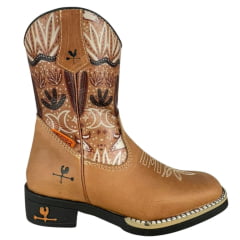 Bota Texana Infantil Juvenil Caminhos Da Roça Bico Quadrado Couro Caramelo Cano Estampado Deserto Com Zíper Ref:CJ11