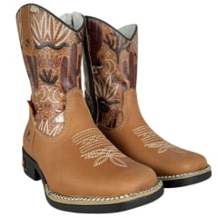 Bota Texana Infantil Juvenil Caminhos Da Roça Bico Quadrado Couro Caramelo Cano Estampado Deserto Com Zíper Ref:CJ11