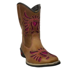 Bota Texana Infantil/Juvenil Caminhos da Roça Bico Quadrado Couro Caramelo/Pink Com Bordado em Relevo Pink Ref.MJ23