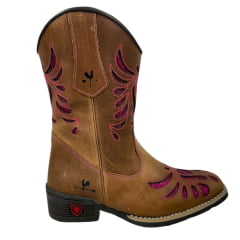 Bota Texana Infantil/Juvenil Caminhos da Roça Bico Quadrado Couro Caramelo/Pink Com Bordado em Relevo Pink Ref.MJ23