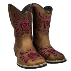 Bota Texana Infantil/Juvenil Caminhos da Roça Bico Quadrado Couro Caramelo/Pink Com Bordado em Relevo Pink Ref.MJ23