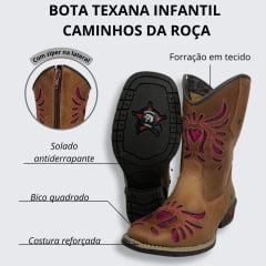 Bota Texana Infantil/Juvenil Caminhos da Roça Bico Quadrado Couro Caramelo/Pink Com Bordado em Relevo Pink Ref.MJ23