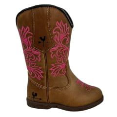 Bota Texana Infantil/Juvenil Caminhos da Roça Bico Redondo Couro Caramelo Com Zíper e Bordado Rosa  Ref.K137-3