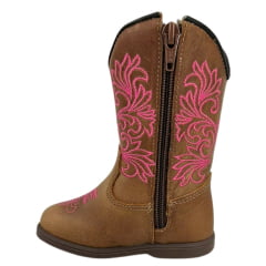 Bota Texana Infantil/Juvenil Caminhos da Roça Bico Redondo Couro Caramelo Com Zíper e Bordado Rosa  Ref.K137-3