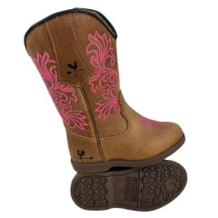 Bota Texana Infantil/Juvenil Caminhos da Roça Bico Redondo Couro Caramelo Com Zíper e Bordado Rosa  Ref.K137-3