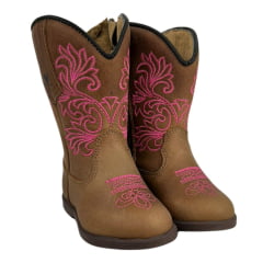 Bota Texana Infantil/Juvenil Caminhos da Roça Bico Redondo Couro Caramelo Com Zíper e Bordado Rosa  Ref.K137-3