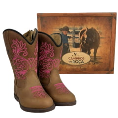 Bota Texana Infantil/Juvenil Caminhos da Roça Bico Redondo Couro Caramelo Com Zíper e Bordado Rosa  Ref.K137-3