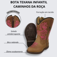 Bota Texana Infantil/Juvenil Caminhos da Roça Bico Redondo Couro Caramelo Com Zíper e Bordado Rosa  Ref.K137-3