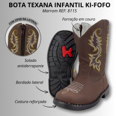 Bota Texana Infantil Ki-Fofo Couro Marrom C/ Cano Bordado Branco/Amarelo - REF: 8115