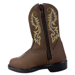 Bota Texana Infantil Ki-Fofo Couro Marrom C/ Cano Bordado Branco/Amarelo - REF: 8115