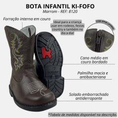 Bota Texana Infantil Ki-Fofo Couro Marrom Café Cano Marrom Com Bordado Solado Preto - REF: 8120