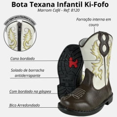 Bota Texana Infantil Ki-Fofo Couro Marrom Cano Bordado Solado Preto - REF: 8120