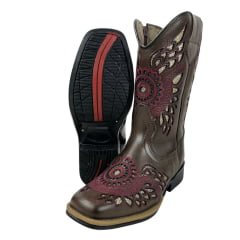 Bota Texana Infantil La Mexicana Bico Quadrado Couro Dallas Café Bordado Bronze /Bordô C/ Zíper Rodeio Preto Ref:106138