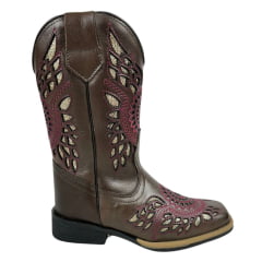 Bota Texana Infantil La Mexicana Bico Quadrado Couro Dallas Café Bordado Bronze /Bordô C/ Zíper Rodeio Preto Ref:106138