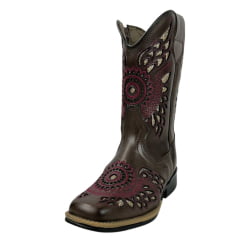 Bota Texana Infantil La Mexicana Bico Quadrado Couro Dallas Café Bordado Bronze /Bordô C/ Zíper Rodeio Preto Ref:106138