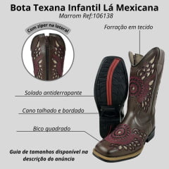 Bota Texana Infantil La Mexicana Bico Quadrado Couro Dallas Café Bordado Bronze /Bordô C/ Zíper Rodeio Preto Ref:106138