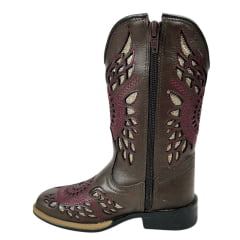 Bota Texana Infantil La Mexicana Bico Quadrado Couro Dallas Café Bordado Bronze /Bordô C/ Zíper Rodeio Preto Ref:106138