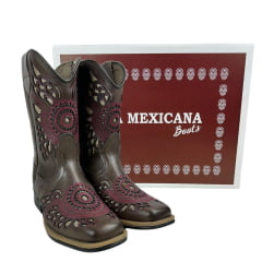 Bota Texana Infantil La Mexicana Bico Quadrado Couro Dallas Café Bordado Bronze /Bordô C/ Zíper Rodeio Preto Ref:106138