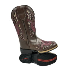 Bota Texana Infantil La Mexicana Bico Quadrado Couro Dallas Café Bordado Bronze /Bordô C/ Zíper Rodeio Preto Ref:106138