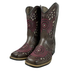 Bota Texana Infantil La Mexicana Bico Quadrado Couro Dallas Café Bordado Bronze /Bordô C/ Zíper Rodeio Preto Ref:106138